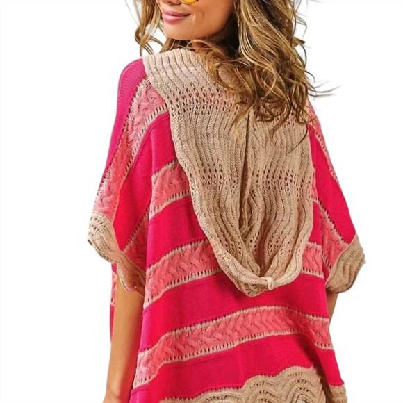 NEW BIBI stripe waved hem crochet hoodie in fuschia - Picture 2 of 4